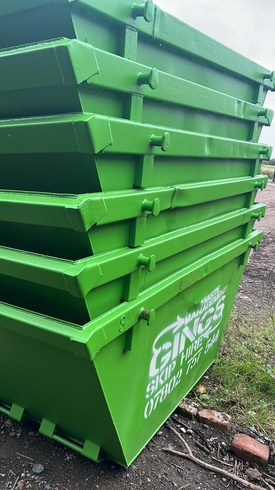 Green Gings skips stacked together, close up